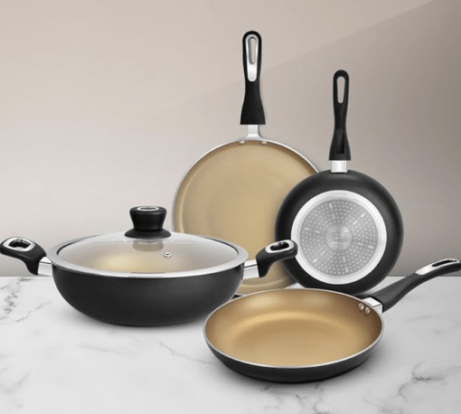 Bergner Optimum 3-Layer Non-Stick 5 Pcs Cookware Set - 28cm Tawa, 18cm Frypan, 24cm Frypan, 24cm (2.5 L) Kadai, 24cm Common Glass Lid for Frypan & Kadai, Bakelite Handle - Induction Bottom (Black)